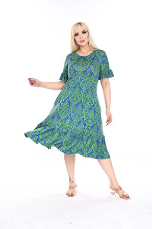 Kadın Büyük Beden Eteği Fırfırlı Cepli Viskon Kumaş Esnek Kısa Kollu Elbise