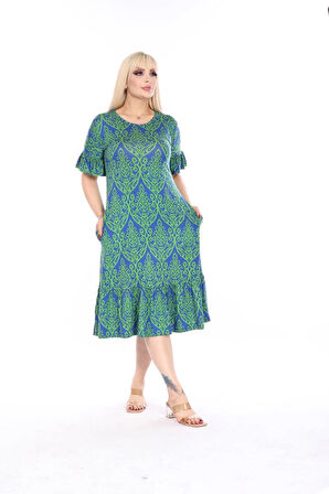 Kadın Büyük Beden Eteği Fırfırlı Cepli Viskon Kumaş Esnek Kısa Kollu Elbise