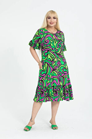 Kadın Büyük Beden Eteği Fırfırlı Cepli Viskon Kumaş Esnek Kısa Kollu Elbise