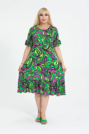 Kadın Büyük Beden Eteği Fırfırlı Cepli Viskon Kumaş Esnek Kısa Kollu Elbise