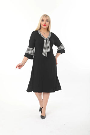 Kadın Büyük Beden Kravat Desenli Siyah Midi Elbise