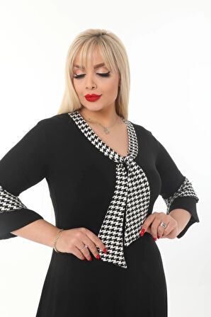 Kadın Büyük Beden Kravat Desenli Siyah Midi Elbise