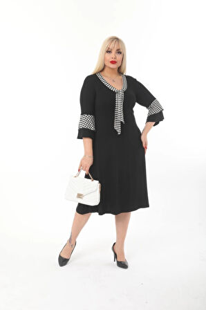 Kadın Büyük Beden Kravat Desenli Siyah Midi Elbise