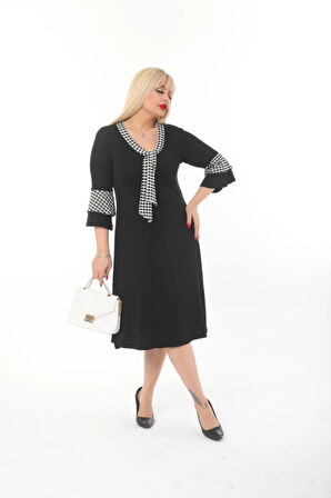 Kadın Büyük Beden Kravat Desenli Siyah Midi Elbise