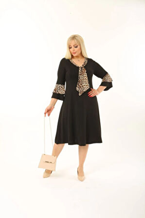 Kadın Büyük Beden Kravat Desenli Siyah Midi Elbise