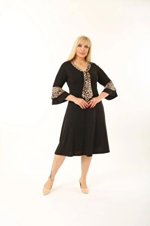 Kadın Büyük Beden Kravat Desenli Siyah Midi Elbise