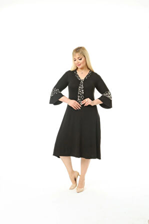 Büyük Beden Kravat Desenli Siyah Midi Elbise