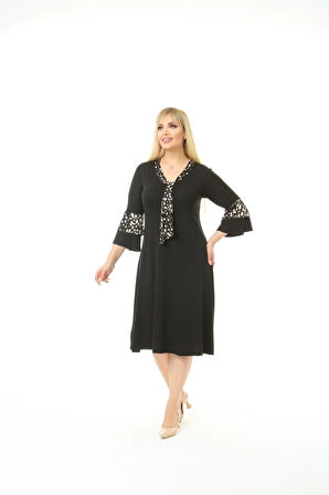 Büyük Beden Kravat Desenli Siyah Midi Elbise