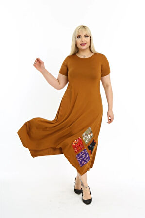 Kadın Büyük Beden Yamalı Bisiklet Yaka Kısa Kollu Elbise