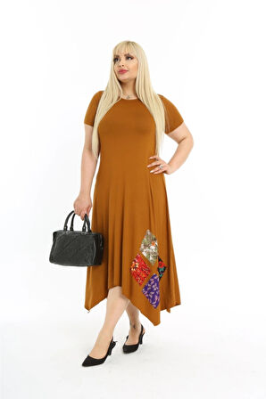 Kadın Büyük Beden Yamalı Bisiklet Yaka Kısa Kollu Elbise