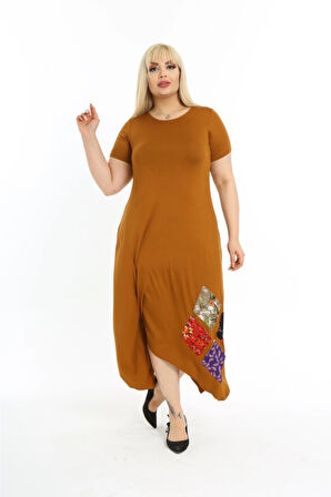 Kadın Büyük Beden Yamalı Bisiklet Yaka Kısa Kollu Elbise