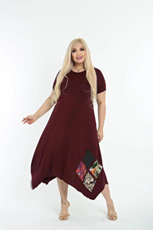 Kadın Büyük Beden Yamalı Bisiklet Yaka Kısa Kollu Bordo Elbise