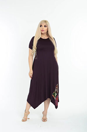 Kadın Büyük Beden Yamalı Bisiklet Yaka Kısa Kollu Mürdüm Elbise