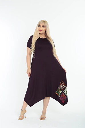 Kadın Büyük Beden Yamalı Bisiklet Yaka Kısa Kollu Mürdüm Elbise