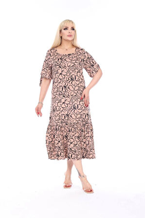 Kadın Büyük Beden Kare Yaka Viskon Kumaş Esnek Kısa Kollu Detaylı Midi Elbise