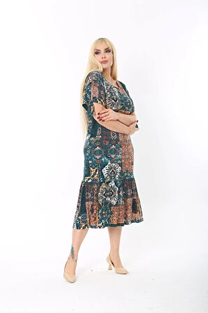 Kadın Büyük Beden Kare Yaka Viskon Kumaş Esnek Kısa Kollu Detaylı Midi Elbise