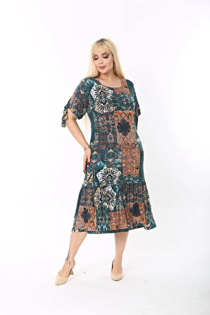 Kadın Büyük Beden Kare Yaka Viskon Kumaş Esnek Kısa Kollu Detaylı Midi Elbise