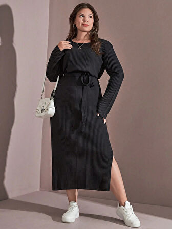 Kadın Büyük Beden Uzun Kollu Yırtmaç Detaylı Kaşkorse Elbise