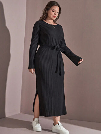 Kadın Büyük Beden Uzun Kollu Yırtmaç Detaylı Kaşkorse Elbise