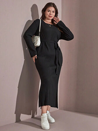 Kadın Büyük Beden Uzun Kollu Yırtmaç Detaylı Kaşkorse Elbise