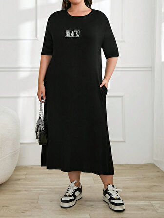 Kadın Büyük Beden Kısa Kollu Baskılı Cepli Viskon Elbise