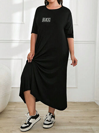 Kadın Büyük Beden Kısa Kollu Baskılı Cepli Viskon Elbise