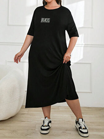 Kadın Büyük Beden Kısa Kollu Baskılı Cepli Viskon Elbise