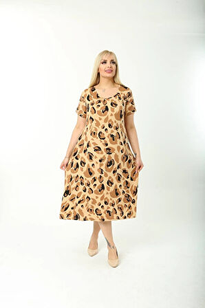 Kadın Büyük Beden Bisiklet Yaka Cepli Viskon Kumaş Esnek Kısa Kollu Elbise 42/52 Beden