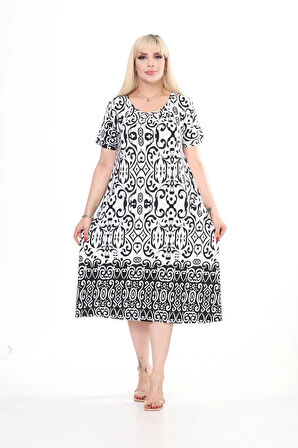 Kadın Büyük Beden Bisiklet Yaka Cepli Viskon Kumaş Esnek Kısa Kollu Elbise 42/52 Beden