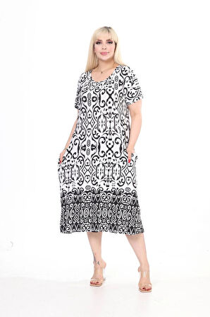 Kadın Büyük Beden Bisiklet Yaka Cepli Viskon Kumaş Esnek Kısa Kollu Elbise 42/52 Beden