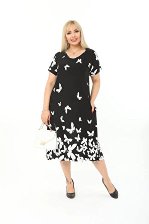 Kadın Büyük Beden Bisiklet Yaka Cepli Viskon Kumaş Esnek Kısa Kollu Elbise 42/52 Beden