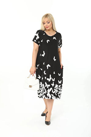 Kadın Büyük Beden Bisiklet Yaka Cepli Viskon Kumaş Esnek Kısa Kollu Elbise 42/52 Beden