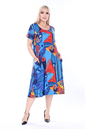 Kadın Büyük Beden Bisiklet Yaka Cepli Viskon Kumaş Esnek Kısa Kollu Elbise 42/52 Beden