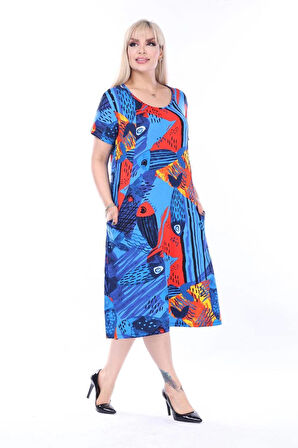 Kadın Büyük Beden Bisiklet Yaka Cepli Viskon Kumaş Esnek Kısa Kollu Elbise 42/52 Beden