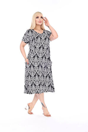 Kadın Büyük Beden Bisiklet Yaka Cepli Viskon Kumaş Esnek Kısa Kollu Elbise 42/52 Beden