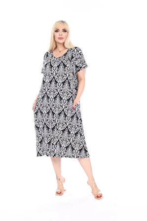 Kadın Büyük Beden Bisiklet Yaka Cepli Viskon Kumaş Esnek Kısa Kollu Elbise 42/52 Beden