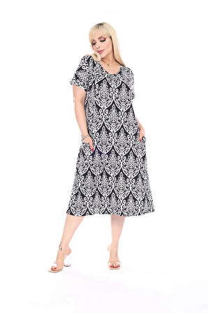 Kadın Büyük Beden Bisiklet Yaka Cepli Viskon Kumaş Esnek Kısa Kollu Elbise 42/52 Beden