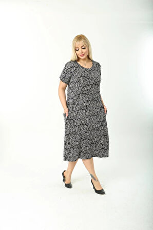 Kadın Büyük Beden Bisiklet Yaka Cepli Viskon Kumaş Esnek Kısa Kollu Elbise 42/52 Beden