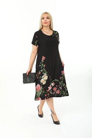 Kadın Büyük Beden Bisiklet Yaka Cepli Viskon Kumaş Esnek Kısa Kollu Elbise 42/52 Beden