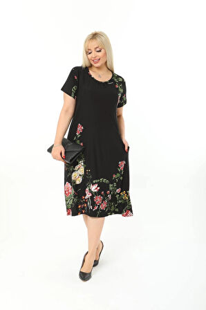 Kadın Büyük Beden Bisiklet Yaka Cepli Viskon Kumaş Esnek Kısa Kollu Elbise 42/52 Beden