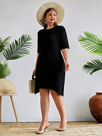 Kadın Büyük Beden Etek Detaylı Viskon Elbise