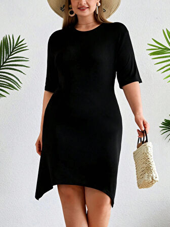 Kadın Büyük Beden Etek Detaylı Viskon Elbise