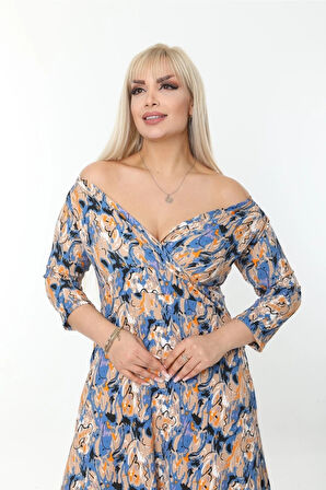 Büyük Beden Kruvaze Yaka Kısa Kollu Bürümcük Kumaş Midi Elbise