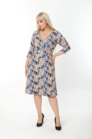 Büyük Beden Kruvaze Yaka Kısa Kollu Bürümcük Kumaş Midi Elbise