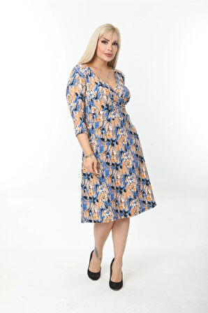 Büyük Beden Kruvaze Yaka Kısa Kollu Bürümcük Kumaş Midi Elbise