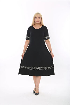 Kadın Siyah Kol ve Etek Ucu Desenli Büyük Beden Elbise