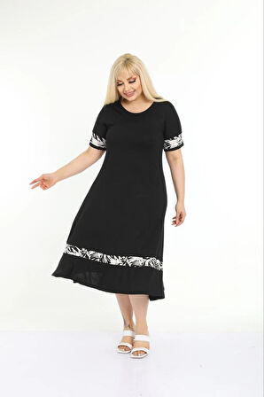 Kadın Siyah Kol ve Etek Ucu Desenli Büyük Beden Elbise