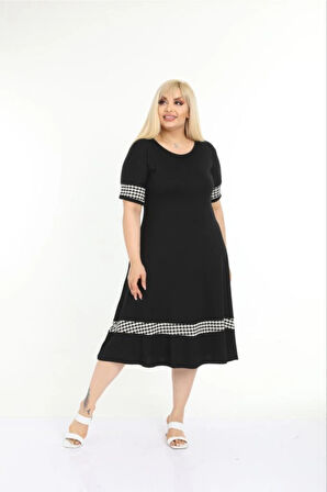 Kadın Siyah Büyük Beden Kol ve Etek Ucu Kazayağı Desenli Elbise