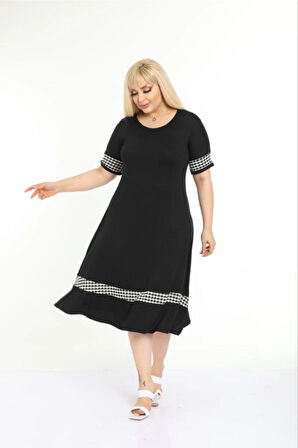 Kadın Siyah Büyük Beden Kol ve Etek Ucu Kazayağı Desenli Elbise