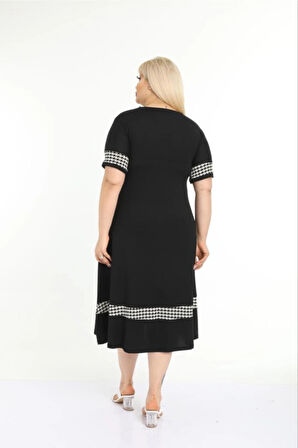 Kadın Siyah Büyük Beden Kol ve Etek Ucu Kazayağı Desenli Elbise